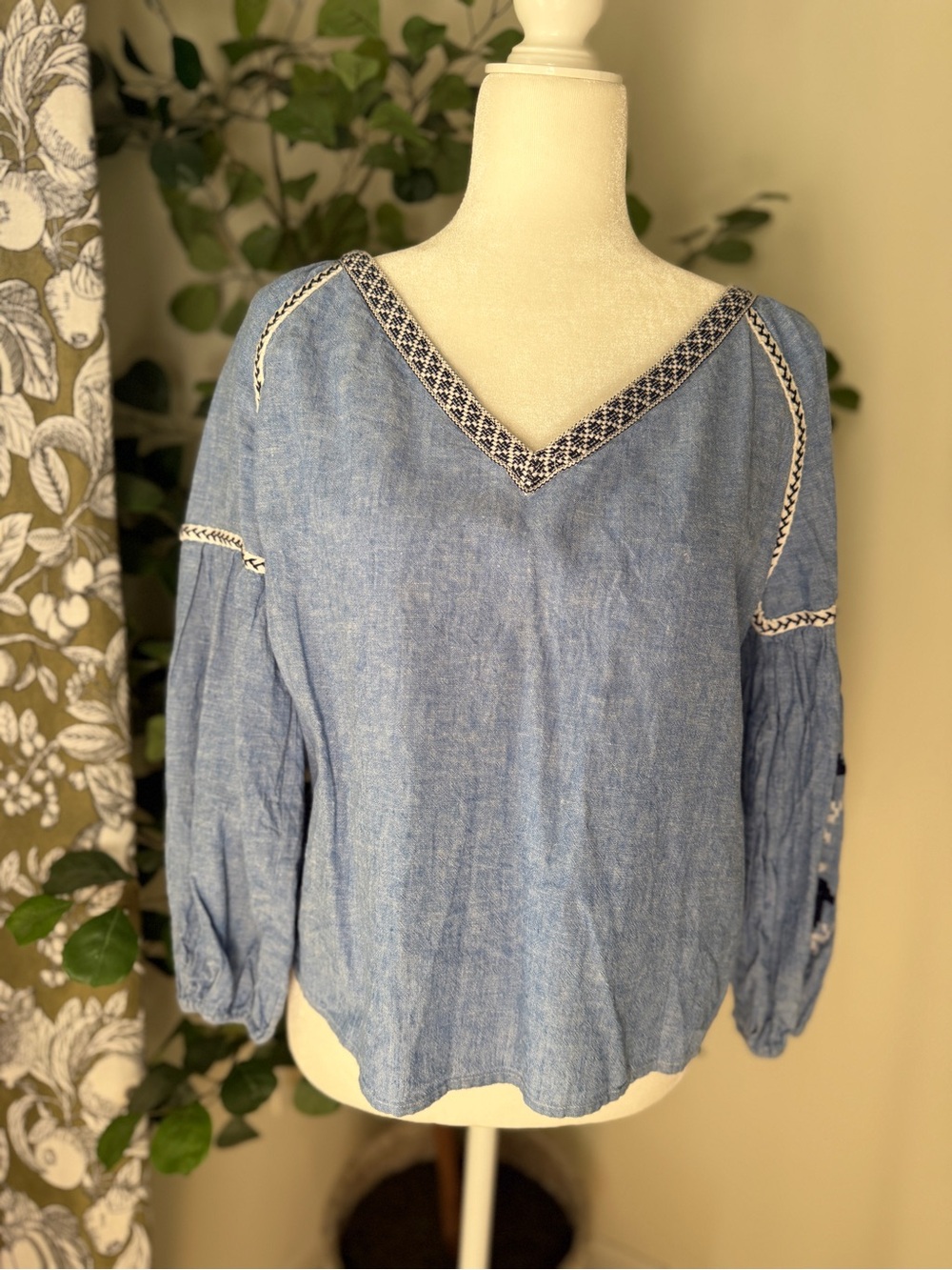 Zara Light Blue Embroidered V-Neck Blouse